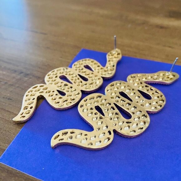 Statement Gold & Silver Snake Earrings – 3” Long, Post Back, Vintage Style - Picture 4 of 6